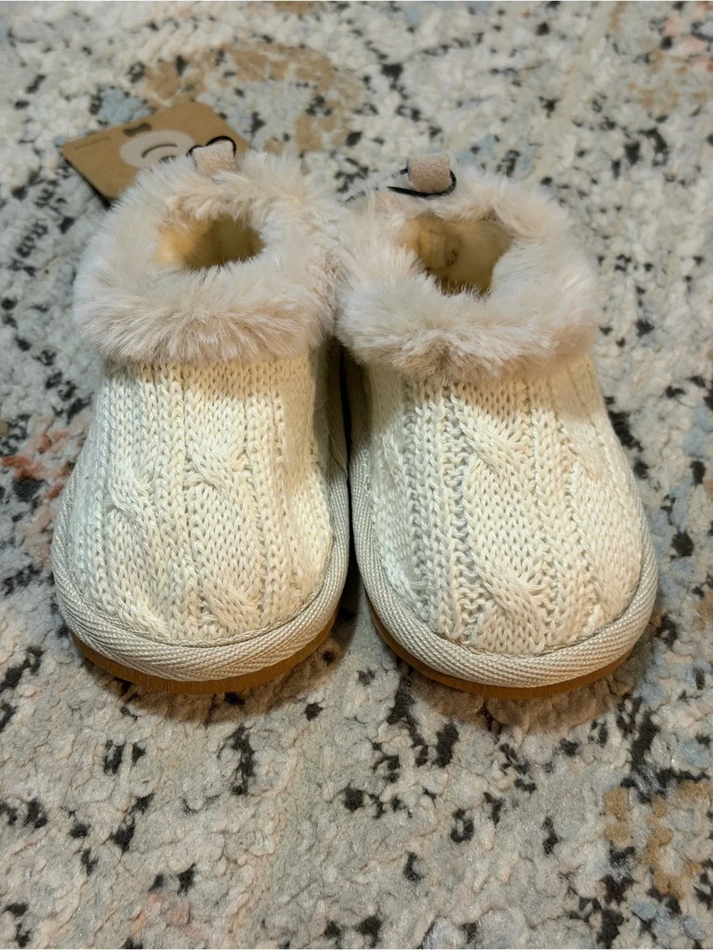 BearPaw Kids Cream Knit Faux-Fur Slippers